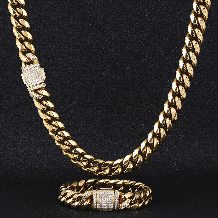 

Greaty Iced Out Zircon 14K 18K Gold Plated Miami Stainless Steel Cuban Link Chain Necklace Set Men Jewelry Cuban Link