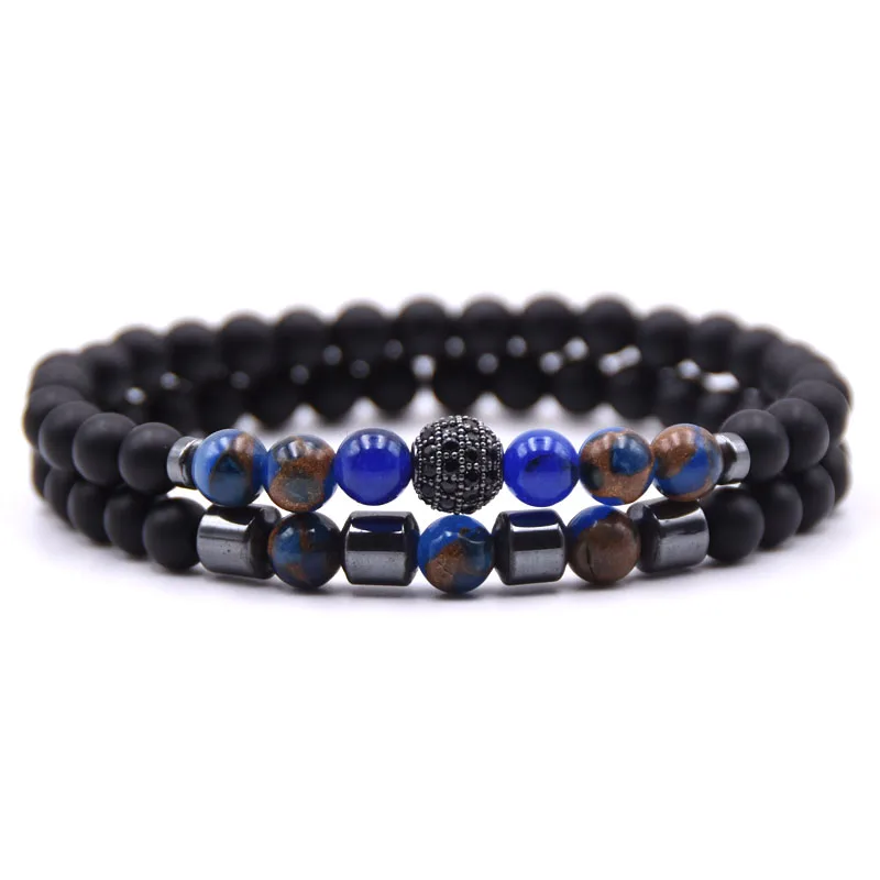 

New Fashion Jewelry Matte Onyx Stone Blue Agate Hematite Beads Bracelet CZ Ball Elastic Bracelet Set Men