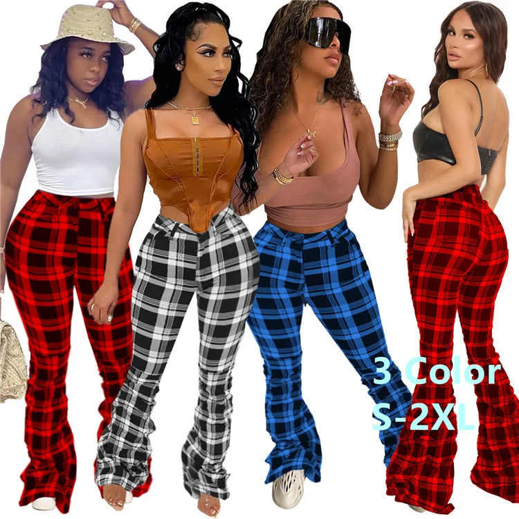 

New Custom Logo Winter Woman Sweat Joggers Tracksuit Scrub Women Stack Black Thick Plaid Stacked Pants, Picture