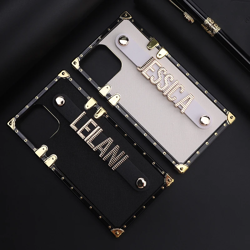 

For iphone 12 pro max custom metal letter strap custom designer leather phone case for iphone 13 pro max mini