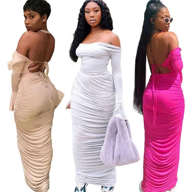 

New Style Sets Suits Ladies Long Sleeve Solid Color Strapless Backless Tops Two Piece Fashion Women Sexy Skirt Set, Picture