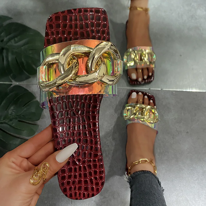 

Dropshipping Outdoor Beach Summer Women's Shoes Versatile Chain Candy Color Square Head Anti-Slip One Font 2022 Womens Slippers