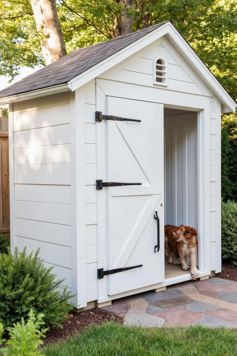 A collage of different styles of cute pet sheds with dogs and cats lounging inside and outside