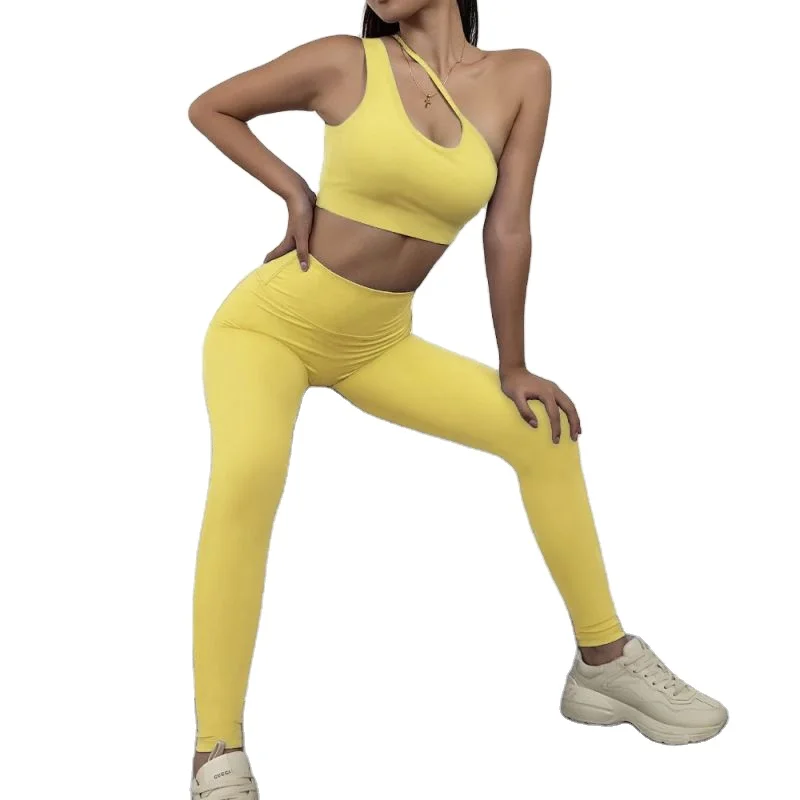 

Hot Style Slant Shoulder Chest Cross Back Pants Fitness Yoga Shockproof Running Suit Workout Wear For Women, As picture