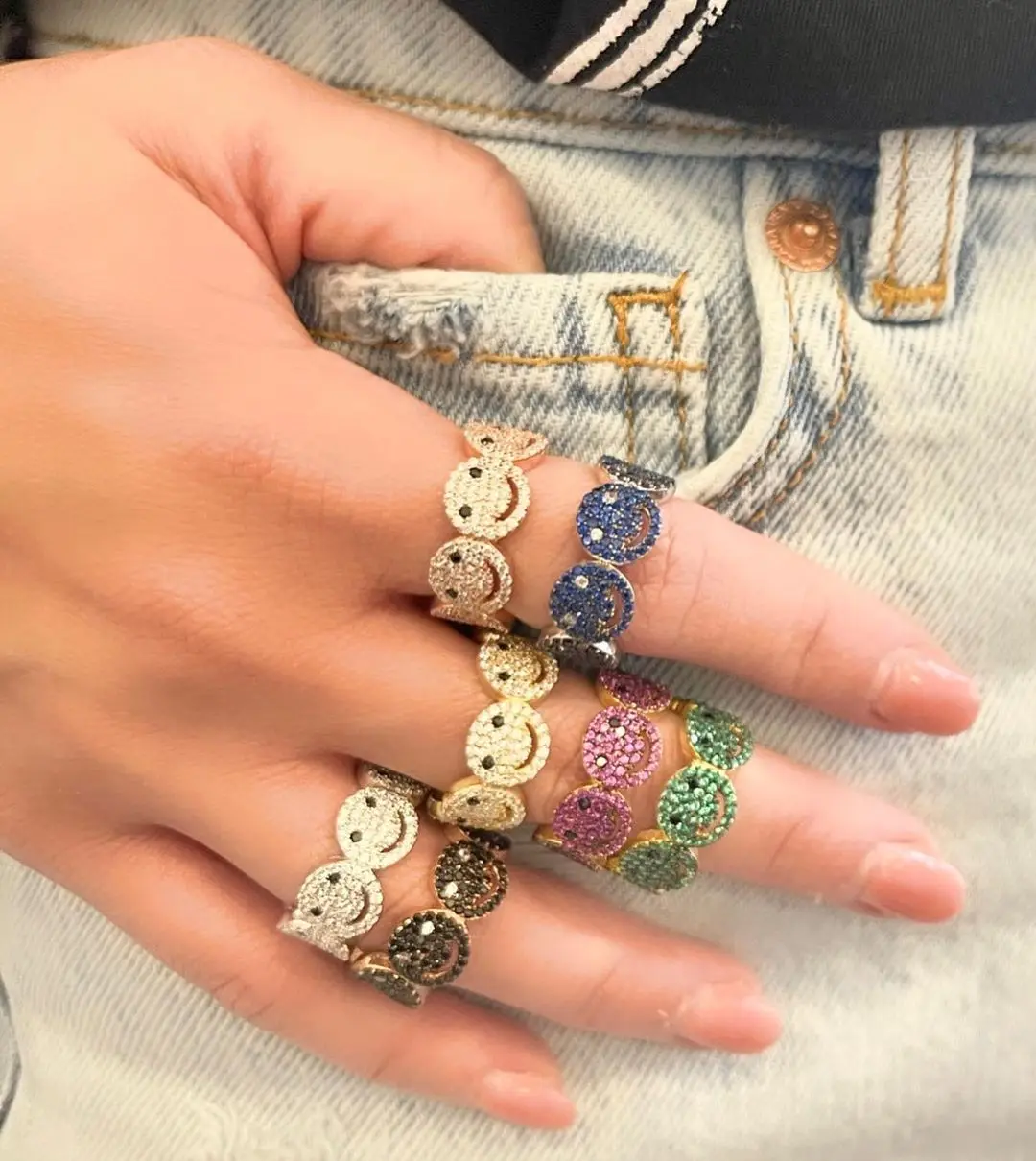 

Gold Color Happy Smiling Face Rings For Women Punk Hip Hop Colorful CZ Ring Fashion Jewelry Gift, Picture
