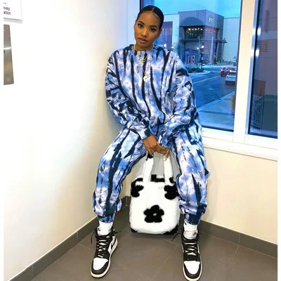 

Fall 2021 Women Clothes Print O-Neck Pullover Sweatshirt 2 Piece Set Women Tie Dye Jogger Suit