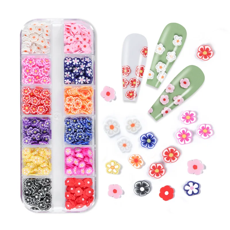 

12 Grids Colorful Polymer Clay Diy Nail Slices Flower Nail Sequins Charms For Nail Art, Mixed