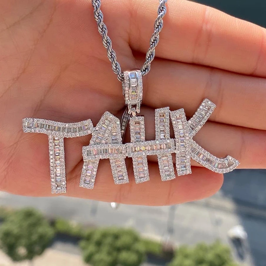 Iced Out Baguette Initials Gold Silver Bling Zirconia Men's Hip Hop name plate Letters necklace personalised for men and women