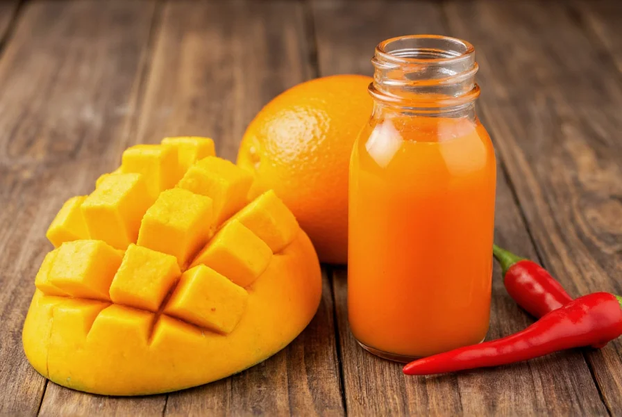 Vibrant orange habanero mango sauce in glass bottle with fresh mango slices and habanero peppers