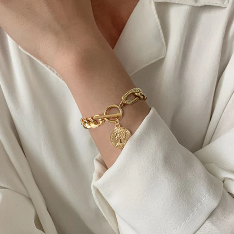

Cuban Bracelet Women Portrait Gold Plated Coin Charm Bracelet