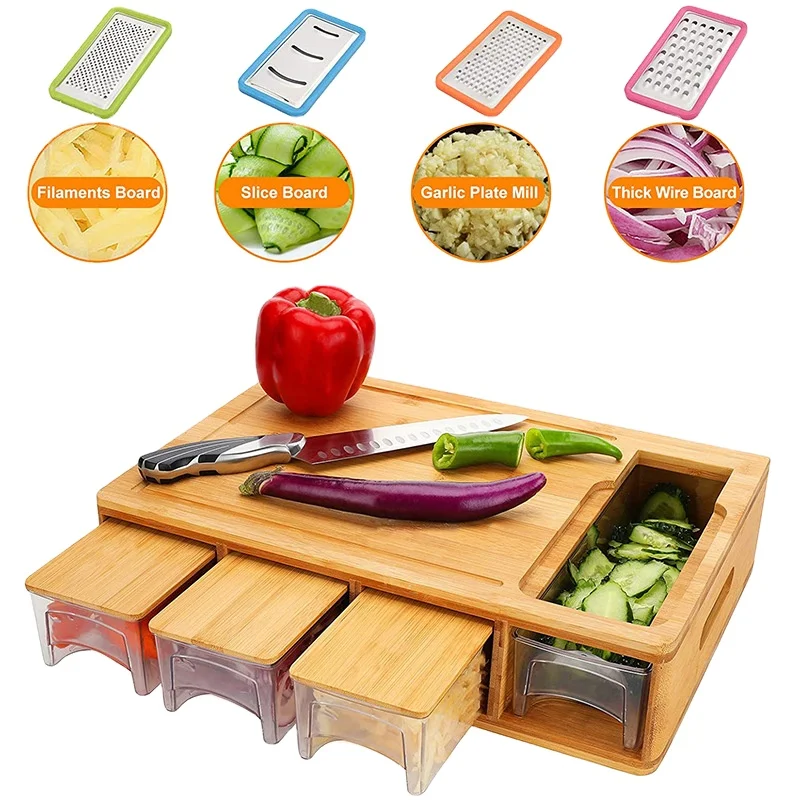 

New design Natural Bamboo Cutting Boards With Food Drawer/Tray Creative Wood Chopping Board Set