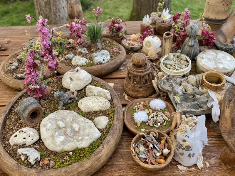 DIY fairy garden materials arranged on wooden table
