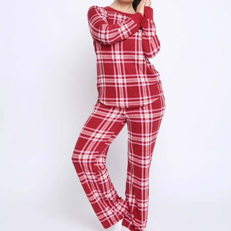 

Sil-U Hot selling christmas snow plaid print matching plus size cozy knit sleeping women winter pajamas set