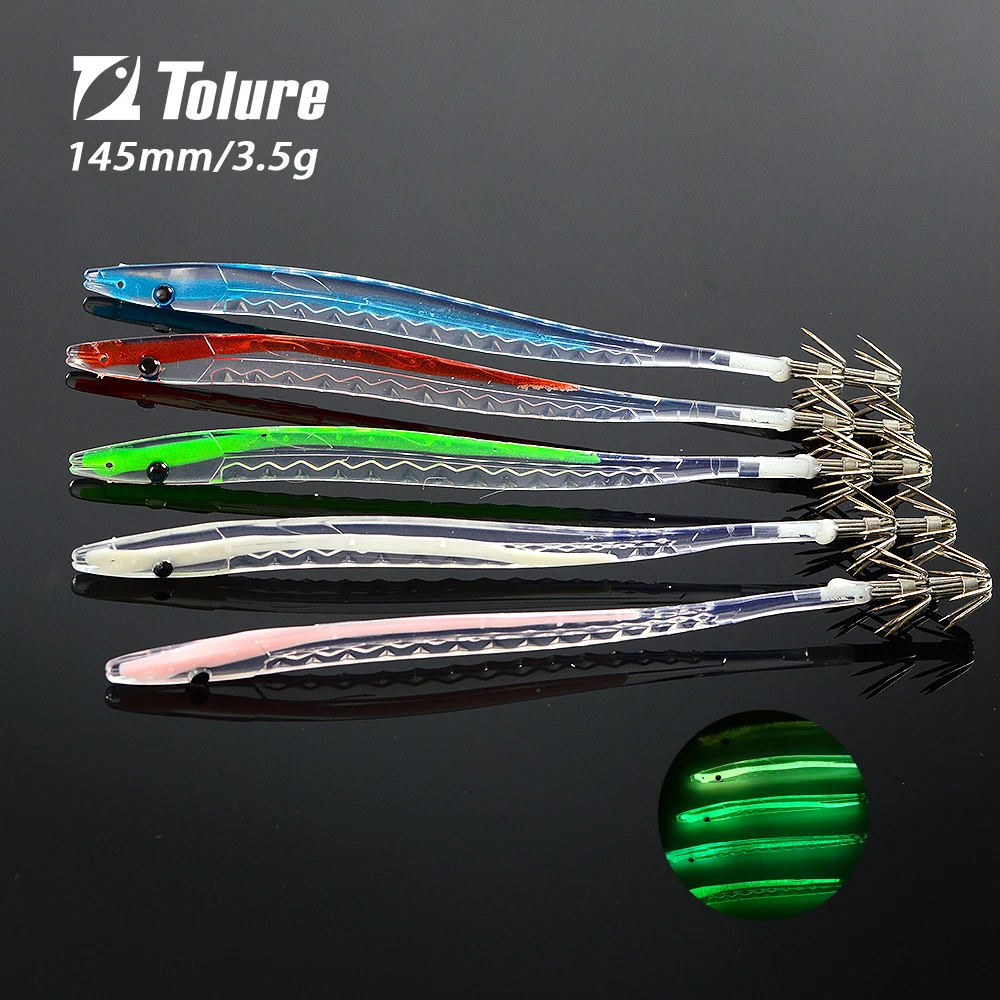 

Tolure OEM Squid Stick Transparent Tail Luminous Fishing Baits 3.5g stainless steel hook Squid Umbrella Hooks Luminous Squid