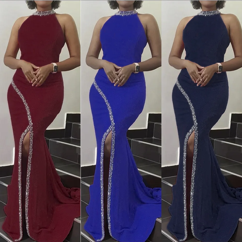 

Backless heavy work ironing and drilling African women's stand collar side slit slim dress, As picture or customized make