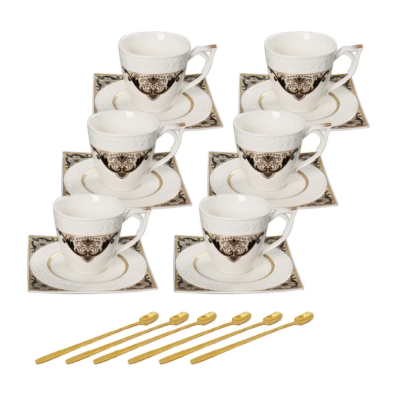 

Set of 6 Tea Sets Durable Emboss Porcelain Coffee Tea Cup and Saucer Sets Bone China Tea Cup 200ml 6 Cups 6 Saucers 6 Spoons, White durable porcelain
