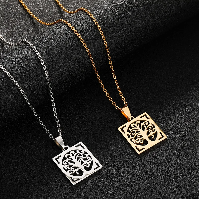 

New Square Hollow Titanium Steel Lucky Tree Stainless Steel Pendant Necklace Jewelry for men and women, As pic