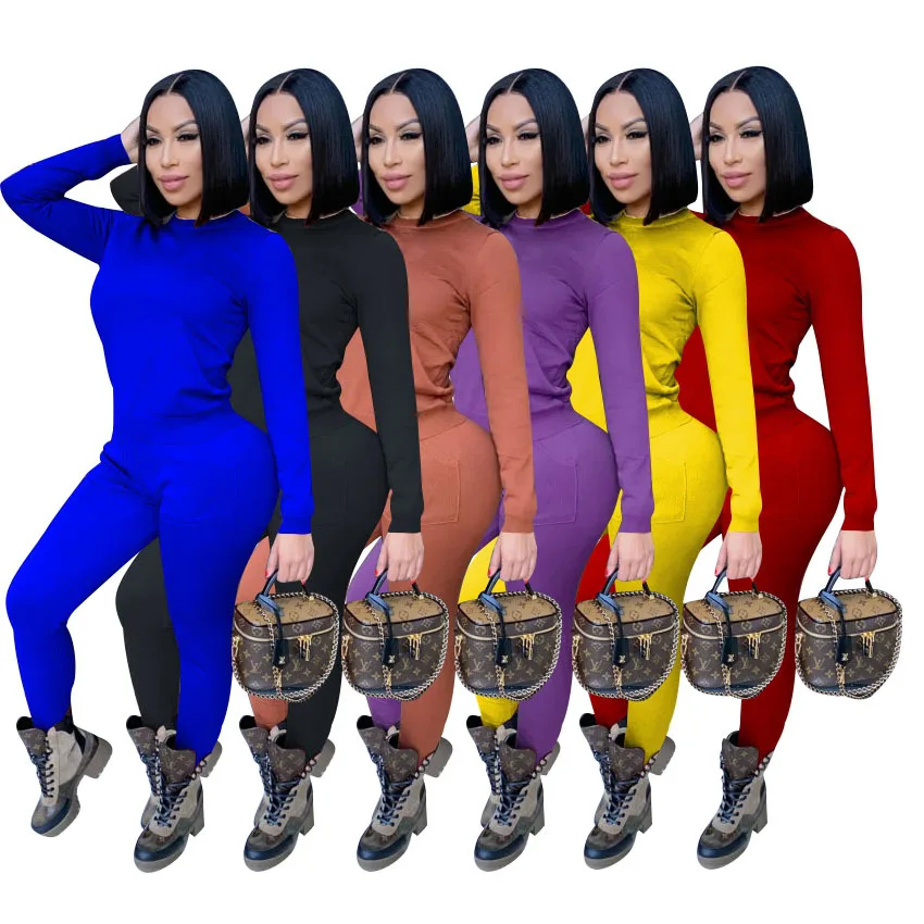 

Fall womens fashion solid color two-piece suit female sportswear ladies casual pocket suit