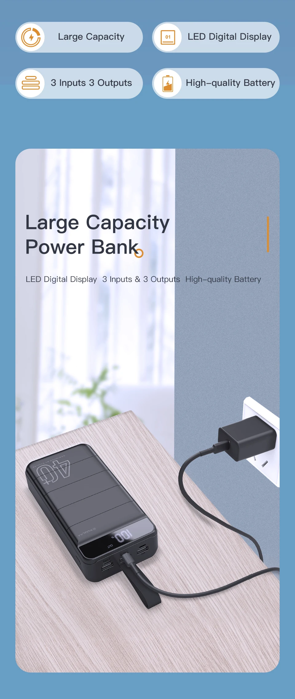 KUULAA High Capacity Camping 40000mAh Led Digital Display Portable Power Bank with Lead Light and Leather Lanyard - ANKUX.COM