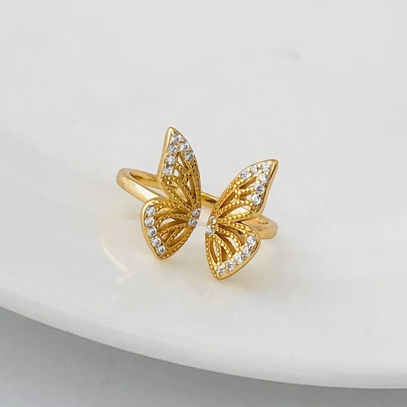 

New Trend 18K Gold Plated Zircon Butterfly Ring S925 Sterling Silver Hollow Rhinestones Butterfly Adjustable Ring for Women