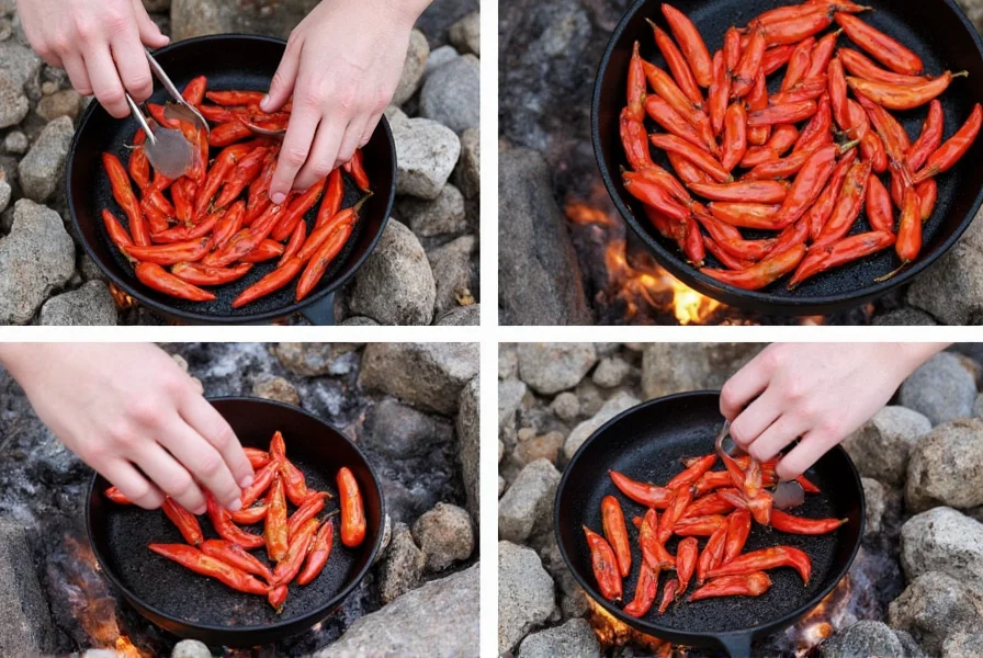 Step-by-step images showing the proper technique for roasting Hatch chilies over an open flame with tongs