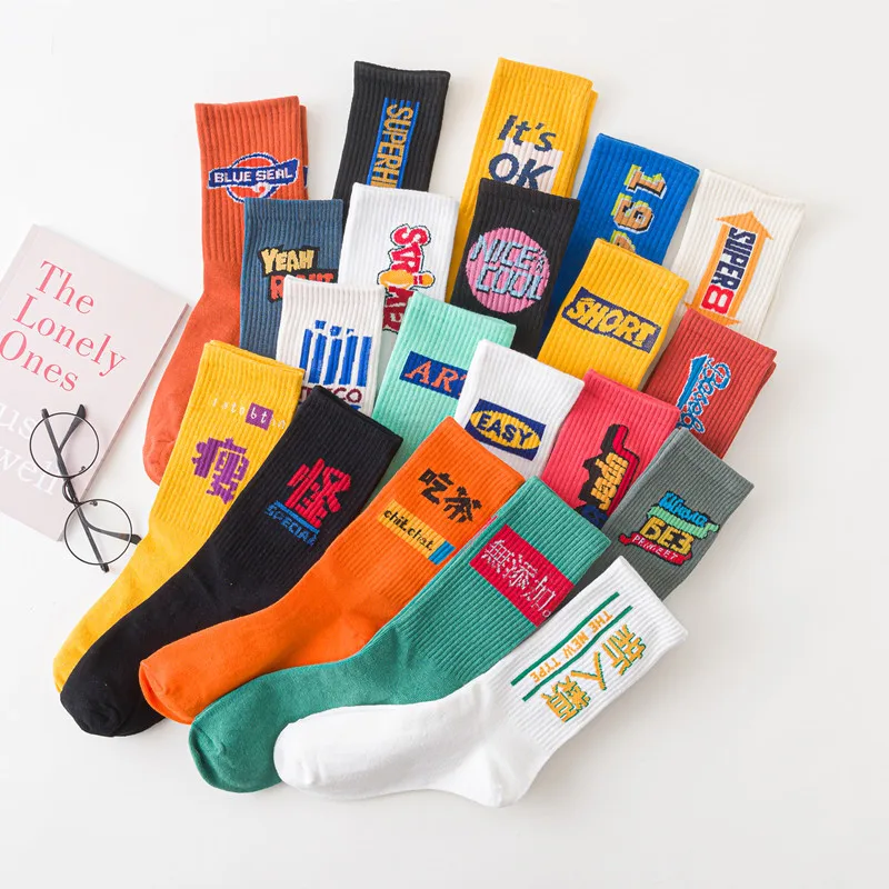 

Wholesale Hot Sale Popular Funny Letters Hip-hop Skateboard Couples Sports Socks Breathable Cotton Knitted Man Socks, Picture shown