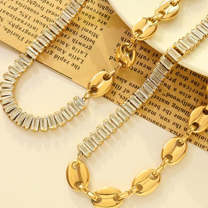 

INS high quality stainless steel Pig Nose Chain Bracelet Necklace white Zircon Jewelry Gold Plated chain Bracelet jewelry sets