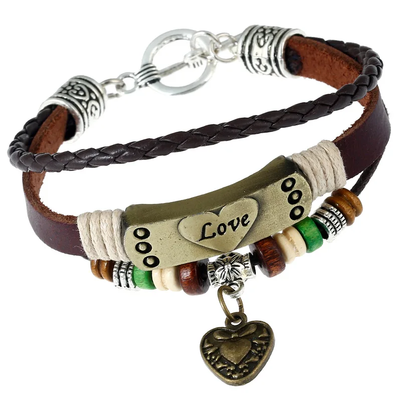 

Genuine Leather Jewelry Wood Beads Alloy Tags Heart Pendant Bracelet, Shown