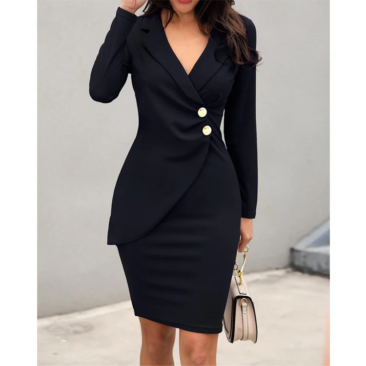 2019 Wholesale Women Plain Solid Long Sleeve Wrapped Office Dress
