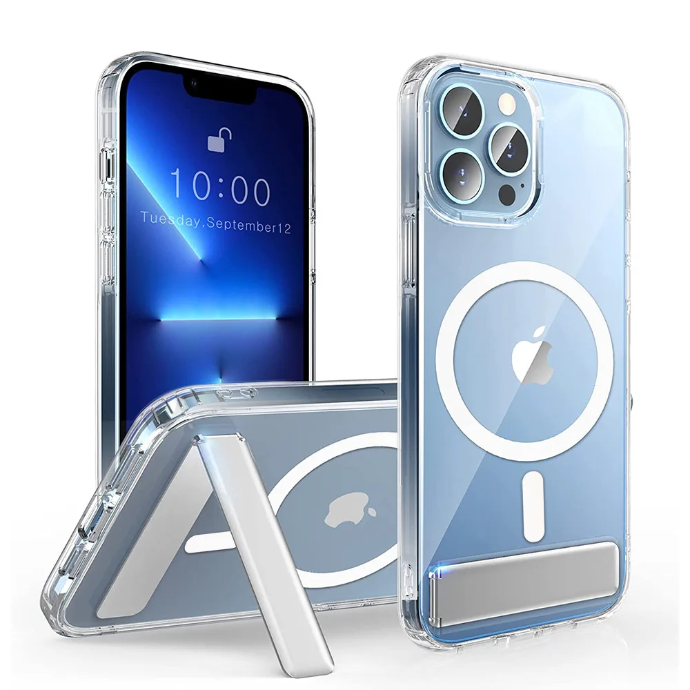 

For Iphone 14 13 Pro Max Clear Phone Case With Metal Stand Folding Kickstand Function Magnetic Holder Stand Mobile Cell Cover