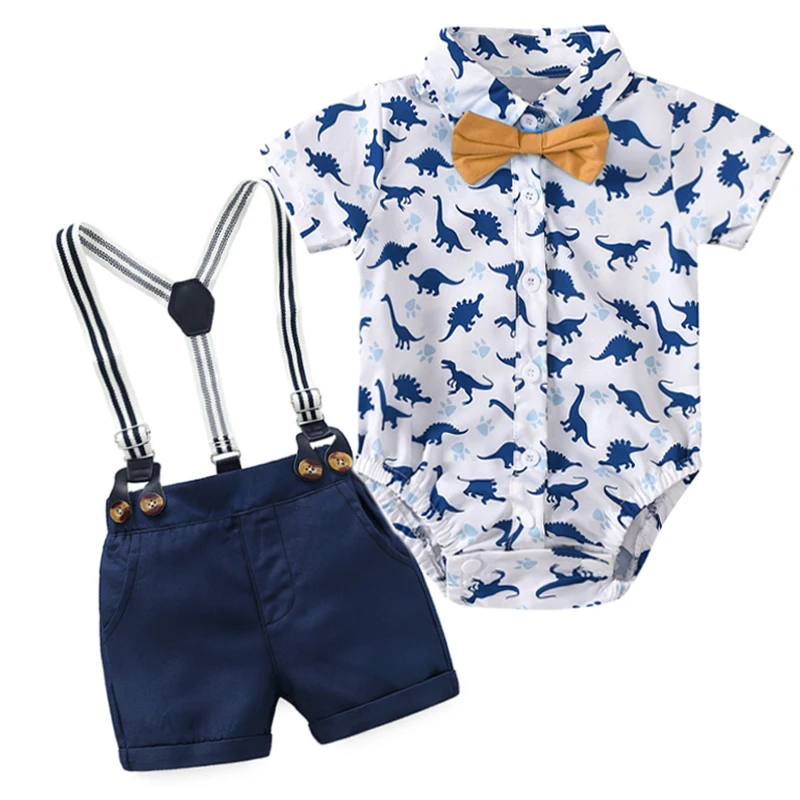 

New Cartoon Toddler Gentleman Bowtie Print Romper Pants Suit Clothes For Baby Infant Boy Outfit Clothes, Dark blue