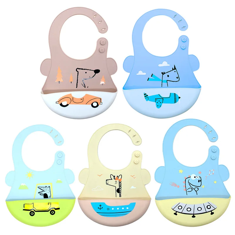 

Food Grade BPA Free Washable New Design Double Colors Baby Silicone Bib With Cartoon Patterns, Beige/blue/brown