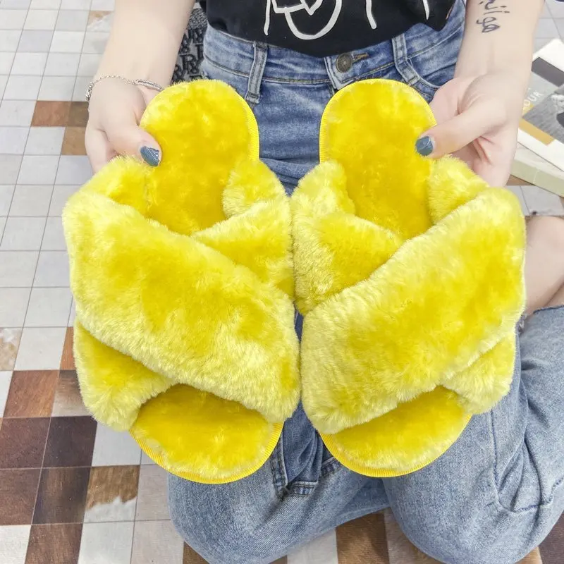 

DHL Free Shipping Girls Flat Slides Slippers Women Fur Shoes Indoor Comfortable Open Toe Furry Slippers For Women Summer, Black red blue