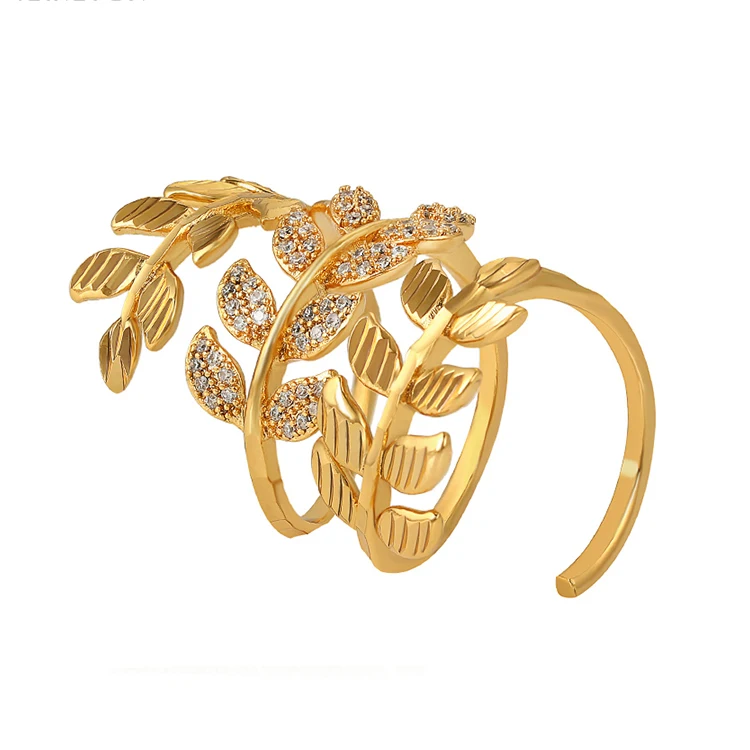 

16258 xuping 24k women gold jewelry dubai gold ring leaf design zircons fashion long opening ring, 24k gold