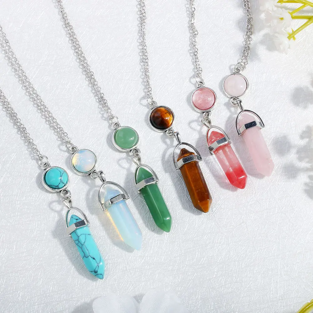 

Natural Stone Bullet Pendant Necklace Women Healing Point chakra Turquoise Crystal Stone Quartz Necklace Handmade Jewelry, Pink ,