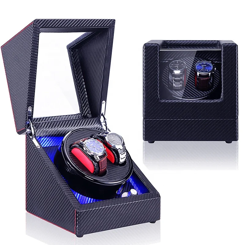 

Carbon fiber watch winder with LED backlight Flexible watch pillows Silent motor for 2 autamatic watches, Black or pantone color
