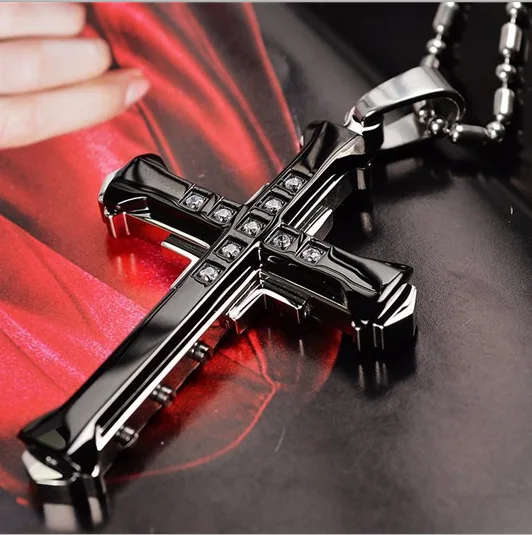 

New Male Crystal Zirconia Black Stainless Steel Jesus Cross Necklace Pendant Jewelry For Men Gift
