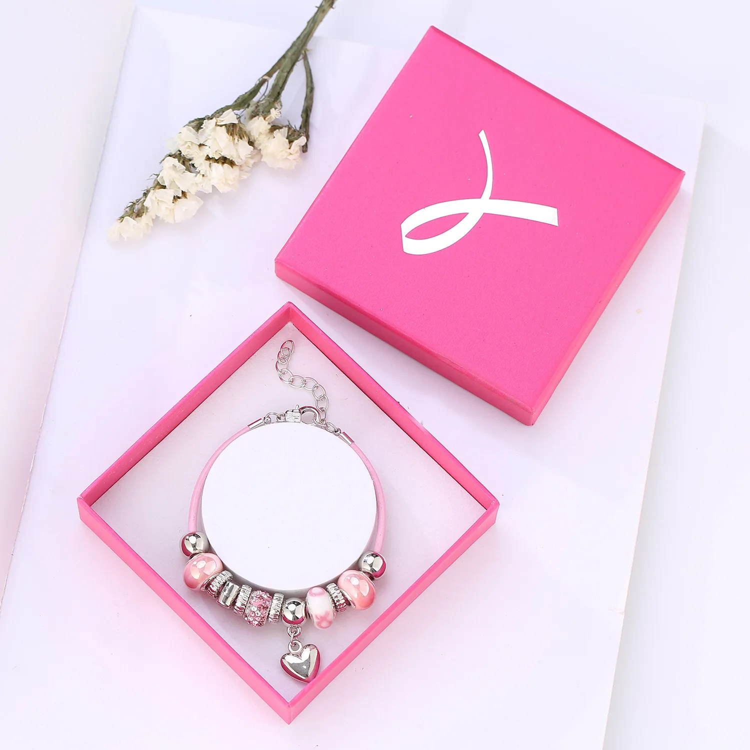 

Public Alloy Pink Ribbon Breast Cancer Bracelet Awareness Bracelet With Gift Box For Women Girls Wholesale