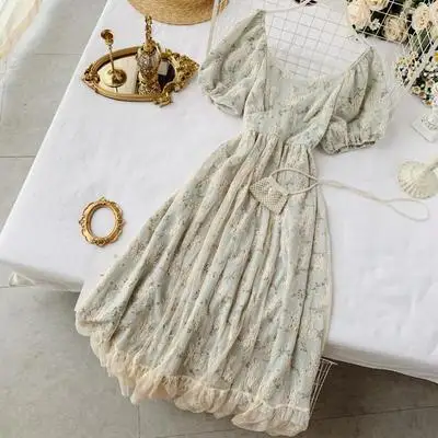 

2020 French Vintage Style Women Fashion Floral Printed Lace Dress