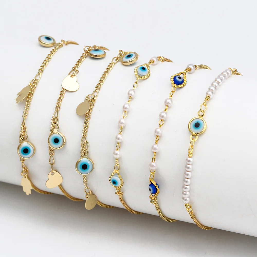 Turkish Devil Eye Bracelet Gold Plated Adjustable Pearl Beads Chain Bracelets Devil Eye Heart Bracelets for Women Men