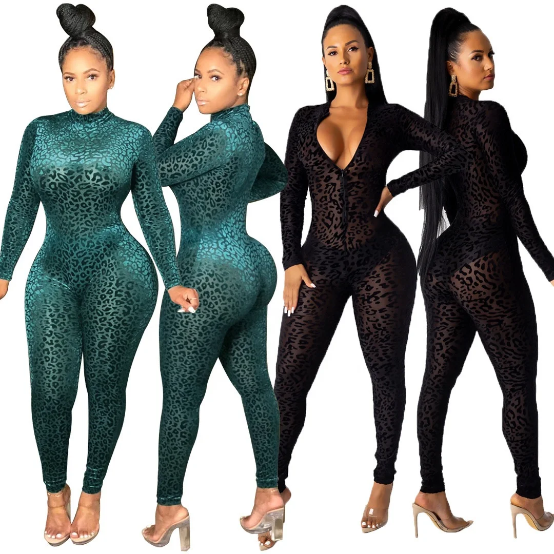 

B63308A Fall 2020 European and American women's fashion v-neck long sleeve lace perspective jumpsuit, Black/green