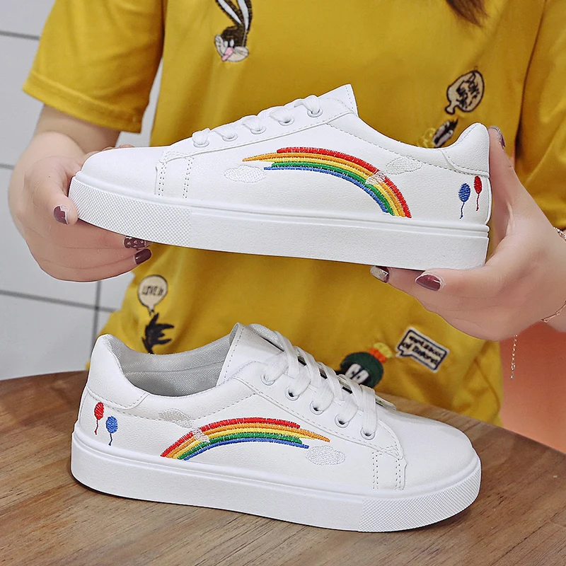 

Women's embroidered rainbow sneakers Casual shoes W2, White,beige