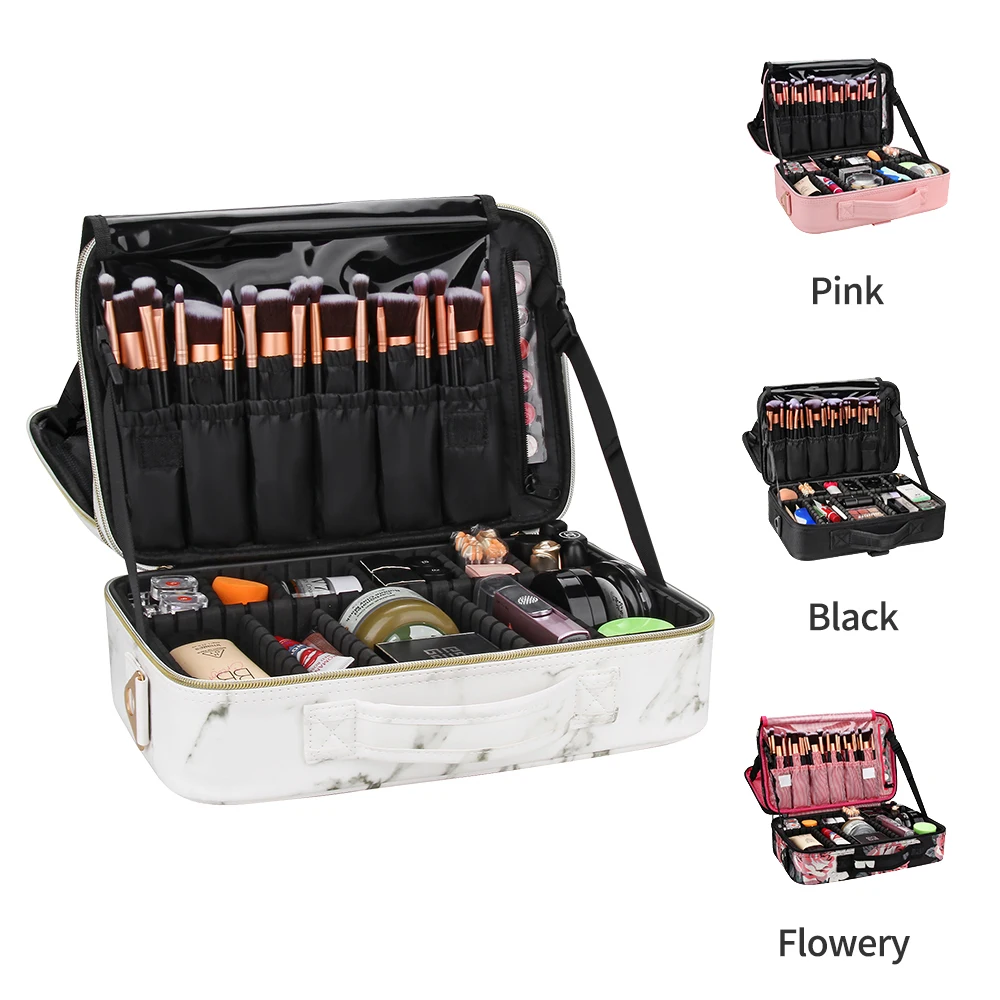 

Dropshipping Relavel Hot Sale Professional Portable Marble White Beauty Box Makeup Brush Bag with Adjustable Strap, Black