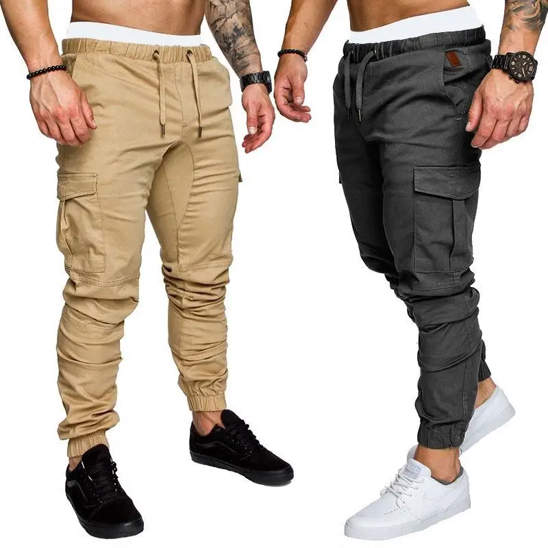 

New fashion europe men solid color multi-pocket street pants outdoor sports fitness casual trousers long pencil pants