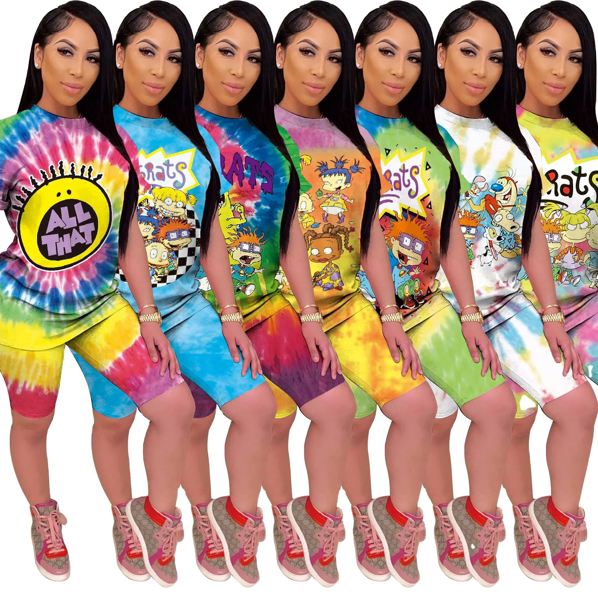 

Rugrats Party Supplies Two Piece Set Tie Dye Print Pajamas Women Clothes Chandal Mujer Top T Shirt Biker Shorts Lounge Rugrats