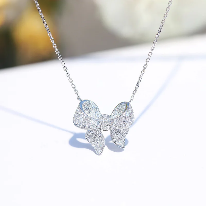 

Hot New Sterling Silver Inlaid Zircon Fresh Cute Girl Bow Mini Pendant Choker Korean Fashion Trend Sweet Jewelry Gift Necklace