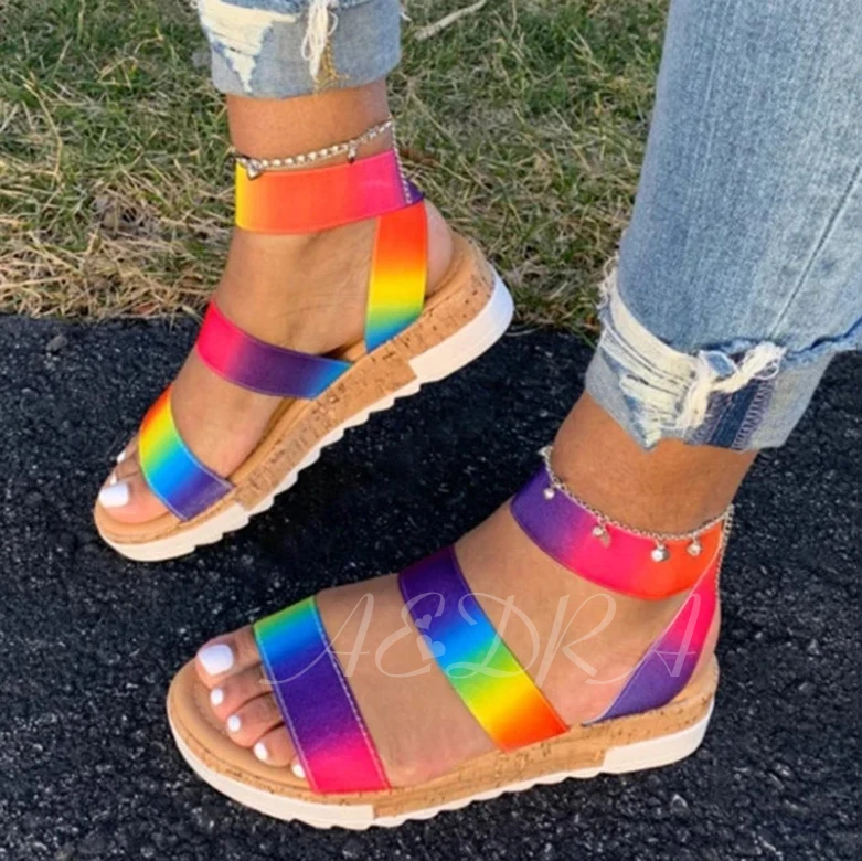 

Slip-On Open Toe Thread Color Flats Women Sandals Rainbow Colors Flat Outdoor Platform Shoes, Red blue