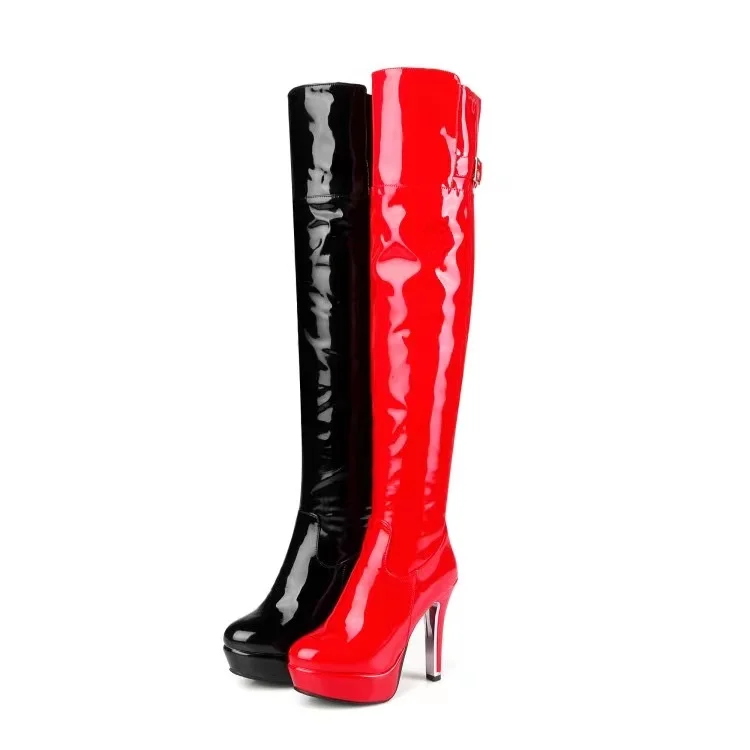 

Shein 2021 Winter Wide Fit Plus Size Sexy Club Wear Women's Patent Leather Platform Chunky Over The Knee Leather Boots In Stock, Red/black