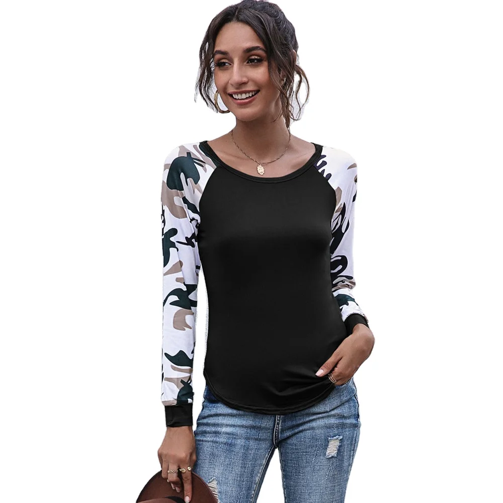 

Fashion Style European and American women's autumn long sleeve splicing print jacket camouflage T-shirt, Picture showed