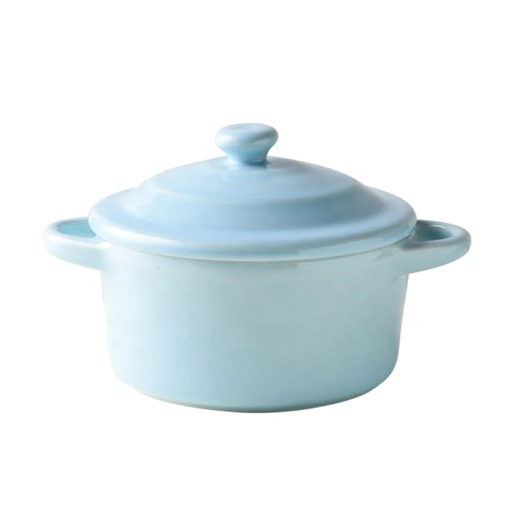 

Nordic Morden Small Size Ceramic sky blue color glazed soup salad snack mini baking bowl with lid and handle